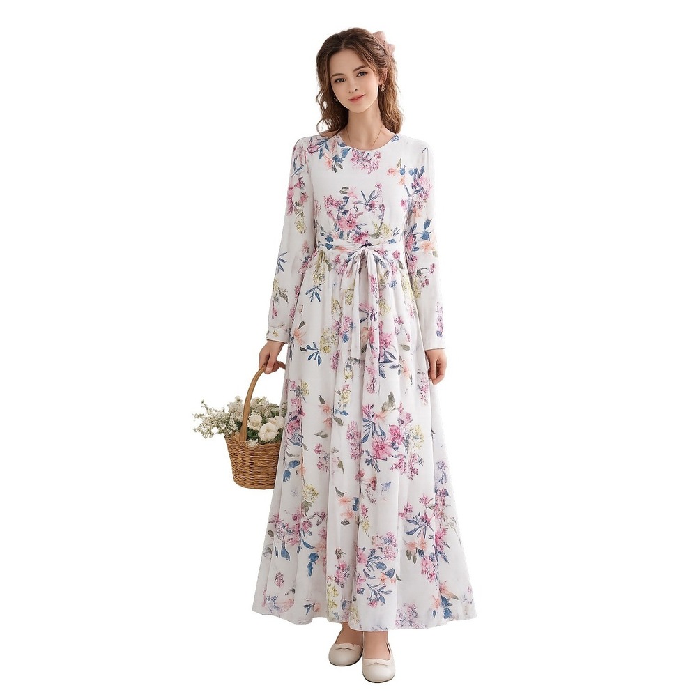 Annah Hariri Randa Dress US 4 White Floral Long Sleeve Modest Maxi‎ Cottagecore